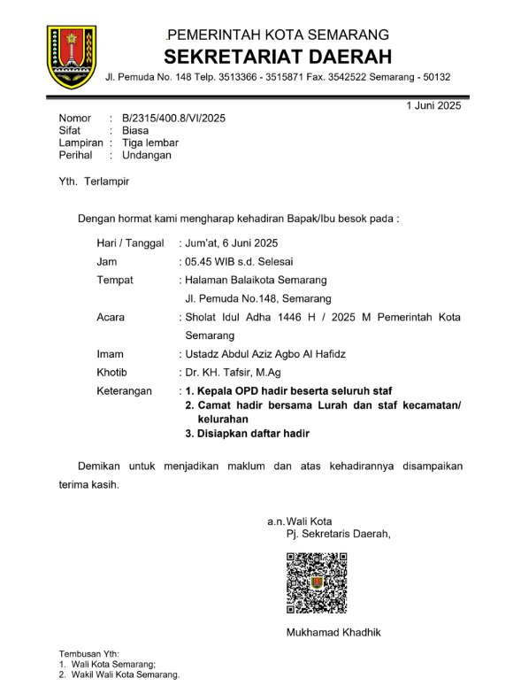 Undangan Sholat Idul Adha 1446 H / 2025 M Pemerintah Kota Semarang